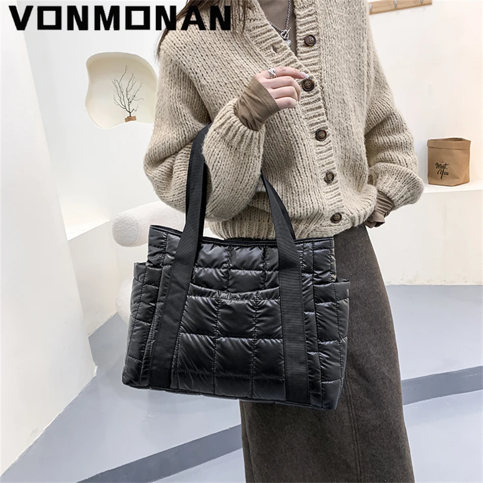 Bolsa de lona acolchada con textura para mujer, bolso de hombro grande a cuadros, de diseñador, de algodón espacial, 2022