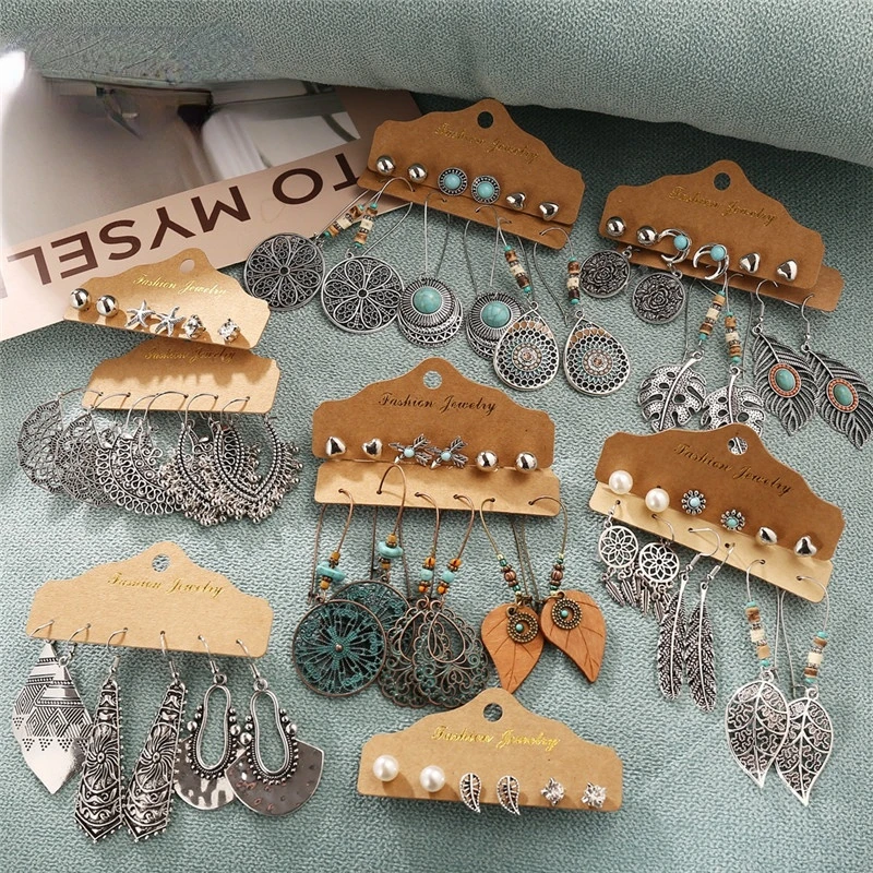 

Boho Ethnic Silver Color Drop Earrings Set for Women Vintage Wood Tassel Dangle Earring 2020 New Fashion Earrings Jewelry Gift