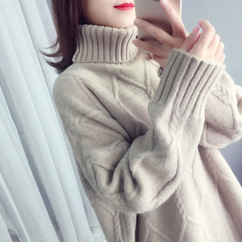 

Women's Sweater Women's New Loose Slouchy Wind Winter Thickened Pullover Knitted Outwear High Neck Undercoat