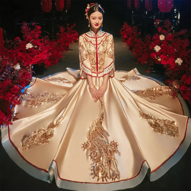 FZSLCYIYI Phoenix Beaded Embroidery Champagne Gold Chinese Bride Bridegroom Wedding Dress Cheongsam Elegant Marriage Qipao Suit