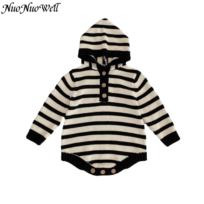 Baby Bodysuit One-piece Baby Girls and Boys Clothes Spring Baby Hooded Striped Romper Autumn Infant Long Sleeve Knit Jumpsuit