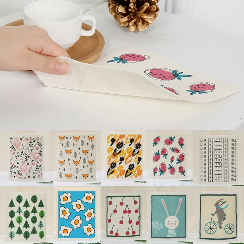 

10PCS Printed Absorbent Dishcloth Cellulose Cleaning Cloths Reusable Wet Dry Household Kitchen Rag Dishwashing Scouring Pad