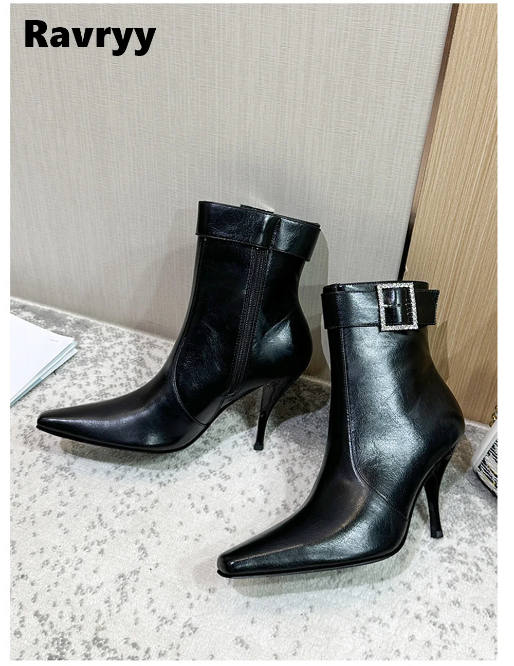 

Black Genuine Leather Pointed Toe Side Zipper Boots 2023 Spring/Winter Metal Decorate Punk Style Modren Boots Sexy Mid Calf Shoe