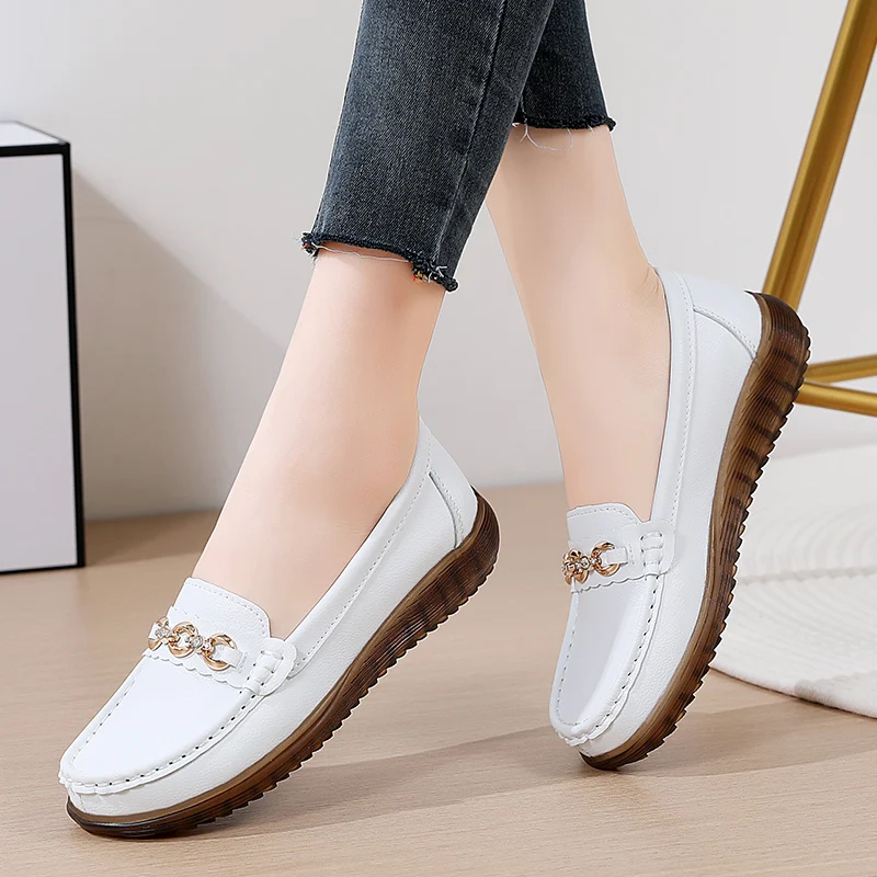 2023 New Fashion Women Genuine Leather Loafers Woman Flats Soft Casual Shoes Luxury Female Slip-on Boat Walking Shoes Moccasins