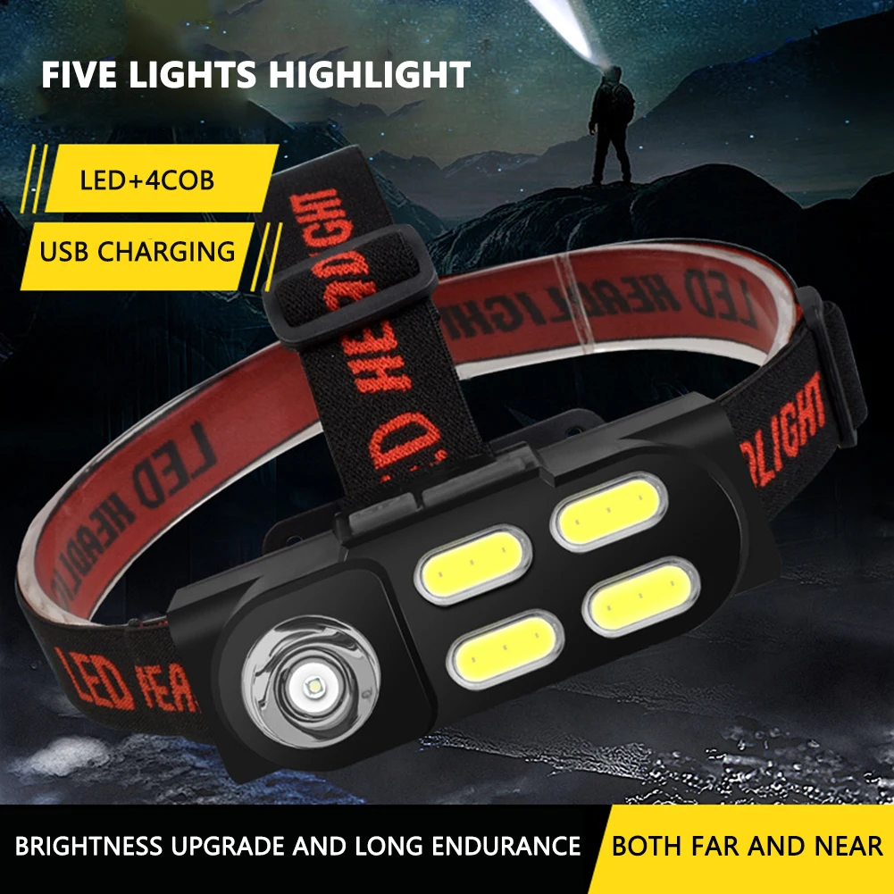 

Portable USB Rechargeable COB LED Headlamp Work Light Waterproof 4 Gears Induction Warning Head Torch Flashlight Headlights