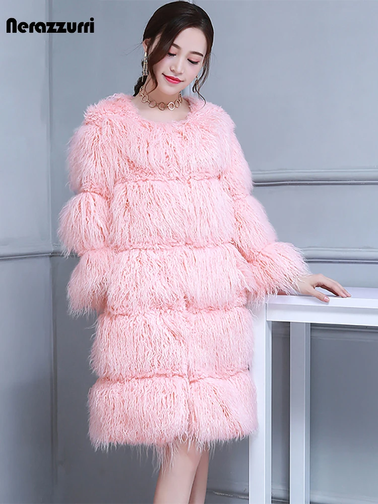 Nerazzurri Winter Long Pink Cute Thick Warm Faux Fur Coat Women Hairy Striped Fluffy Jacket 2021 Designer Stylish Korean Fashion