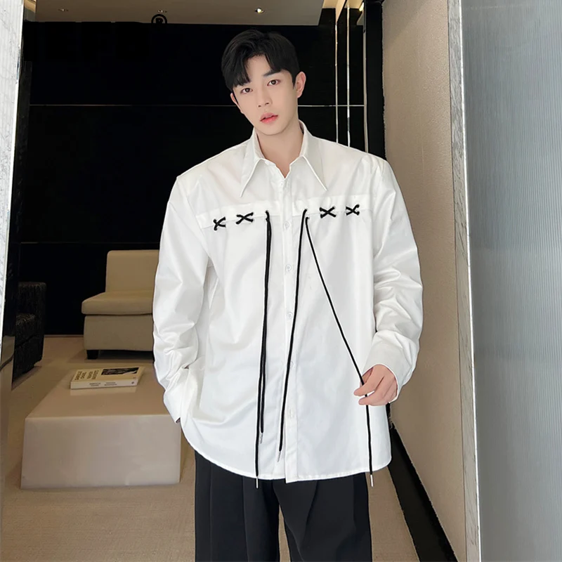 

IEFB Casual Men's Shirt Laple Long Sleeve Korean Fashion Male Lace-up Shirts Temperament Niche Design Top Spring Tide 9A8656