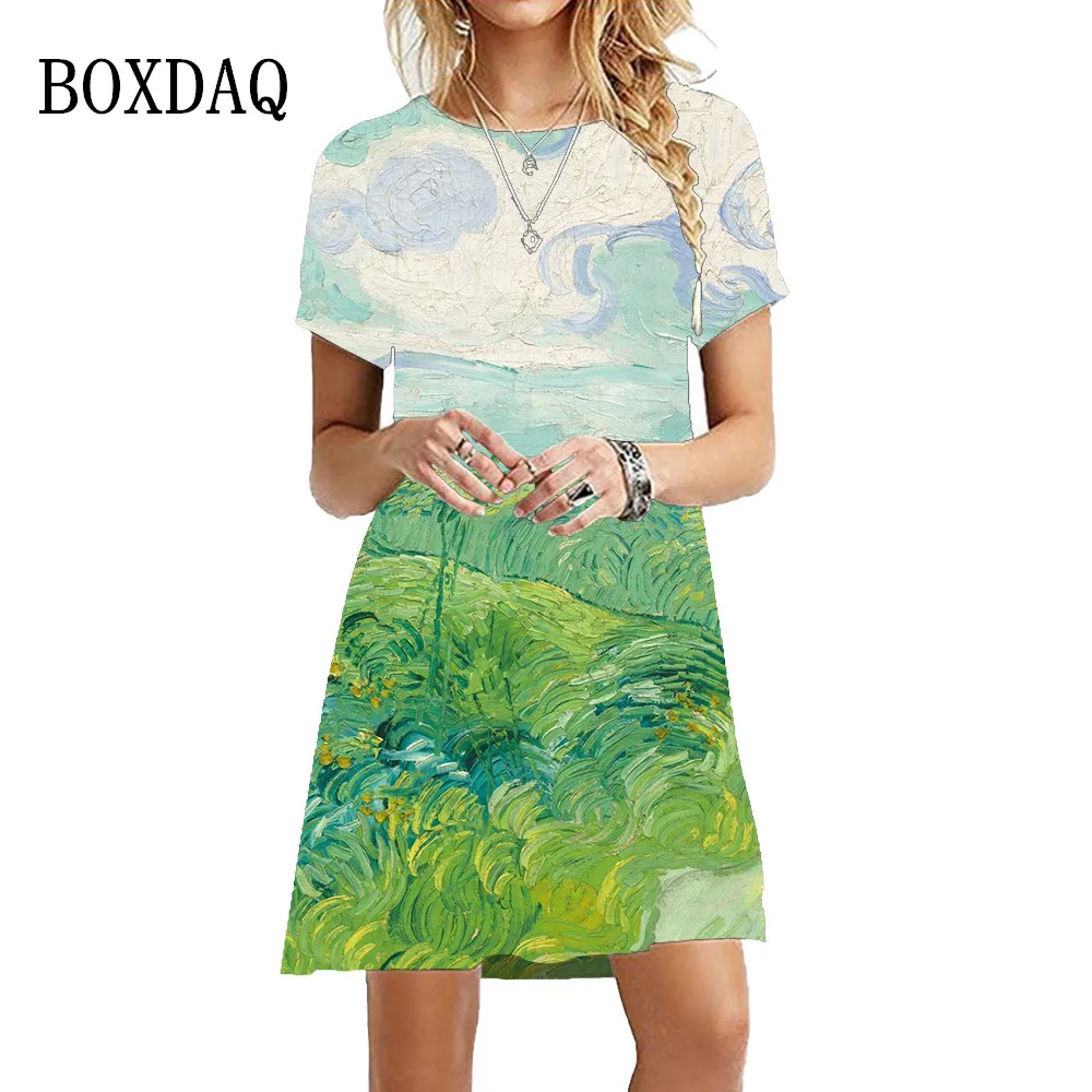 

Женское винтажное платье с коротким рукавом, круглым вырезом и принтом картины маслом