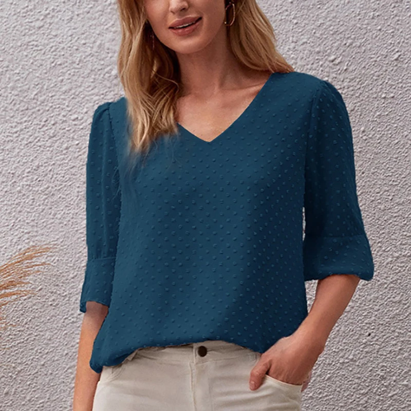 

Женская шифоновая футболка 2022, с рукавом 3/4, однотонная, с V-образным вырезом