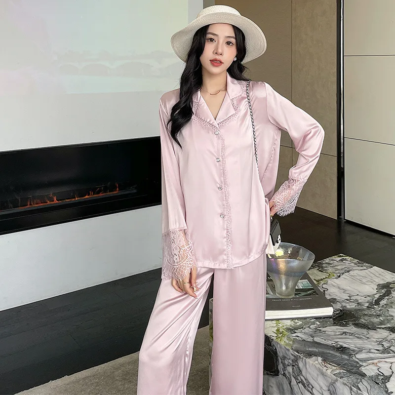 2022 Autumn Ice-Silk Pajamas Women's Long Sleeve Lace Stitching Pajama Set Advanced Home Clothing Satin Luxury Pijama Sexy Mujer