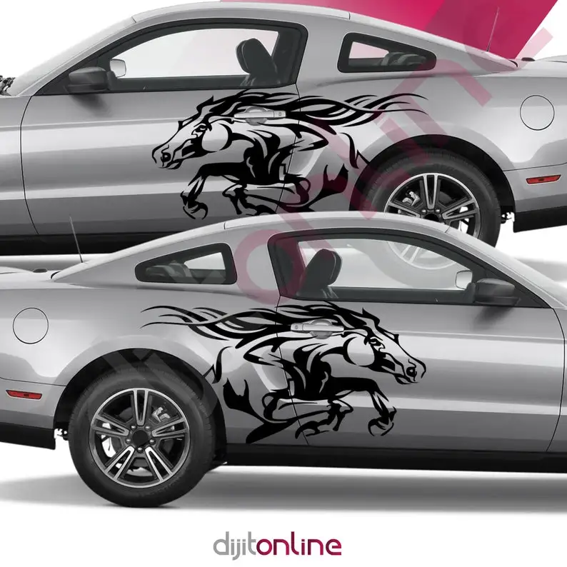 

x2 Horse Running Fits Mustang Pony Grunge Tattoo Design Tribal Door Bed Side Pickup Vehicle Truck Car Vinyl Graphic Decal