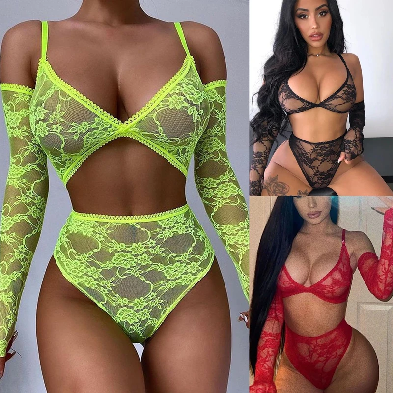 

Sheer Mesh Lingerie Set Women Sexy Split Fun Suit Lace Perspective Bra and Panty Exotic Sleepwear Backless Embroidery Underwear