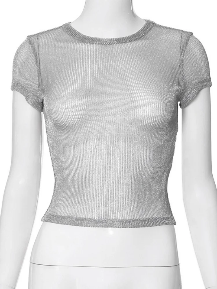 Женский прозрачный кроп-топ с длинным рукавом и круглым вырезом