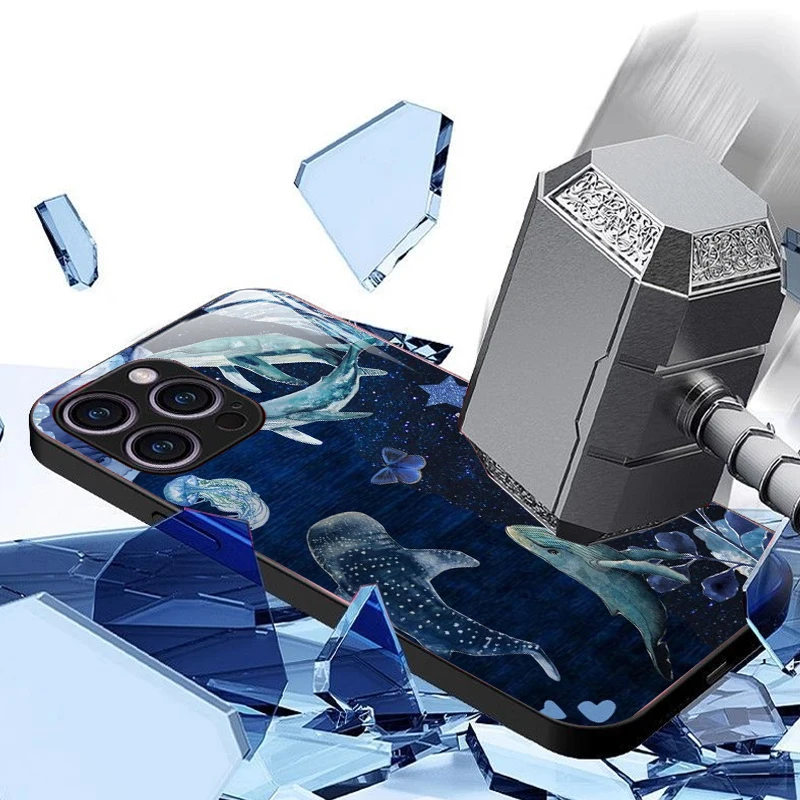 Cartoon Ocean Whale Shark Swimming Phone Case for IPhone 16 Pro Max 15 14 13 12 Mini 11 XS 7 8 14Plus Cover Tempered Glass Cases