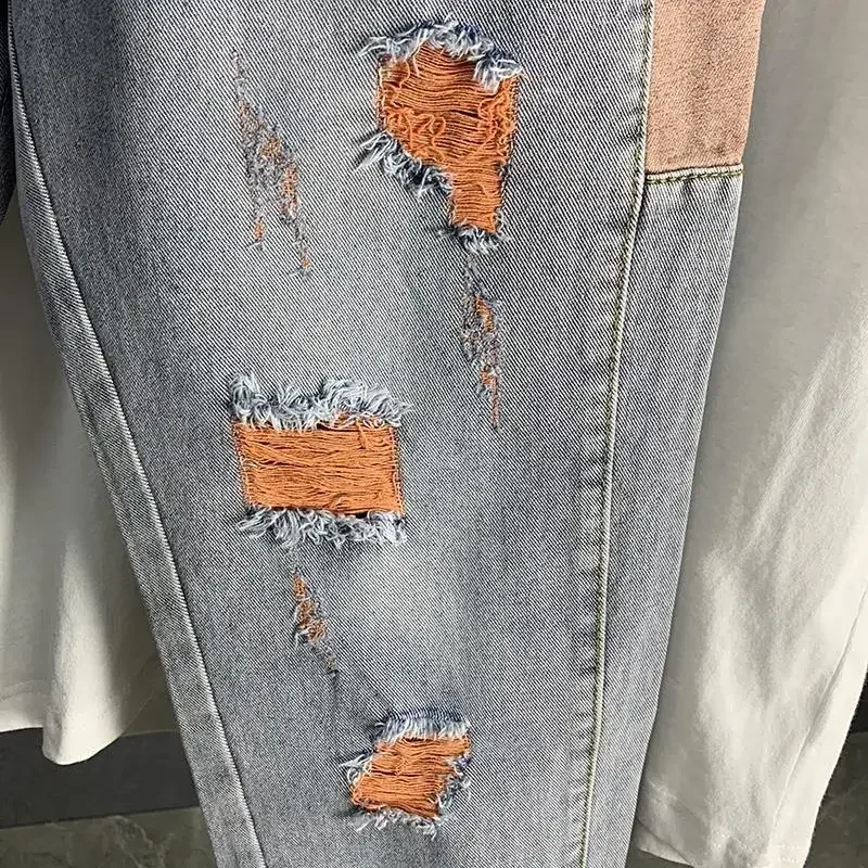 Мужские ковбойские брюки с дырками рваные мужские джинсы рельефные летние
