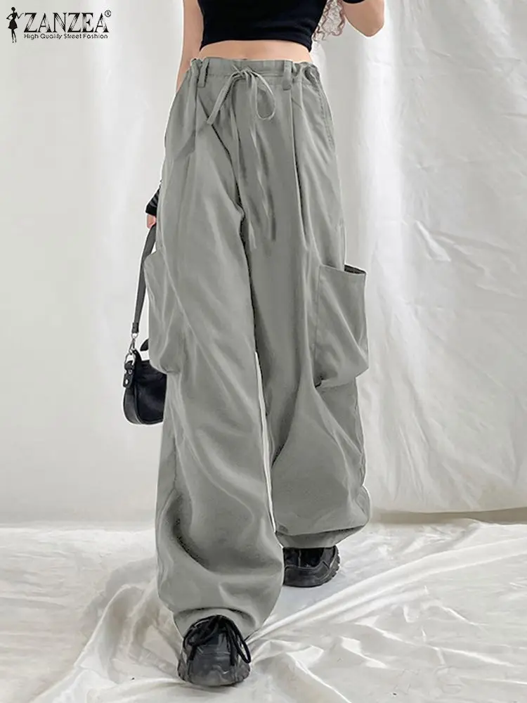 

ZANZEA Streetwear Fashion Cargo Pants Women Casual Loose Wide Leg Pockets Trousers Solid Color High Waist Drawstring Pantalon