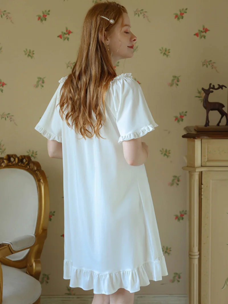 Women Summer Cotton Pajamas Nightdress French Fairy Short Sleeve V-neck Sweet Ruffles Princess Vintage Loose Victorian Sleepwear