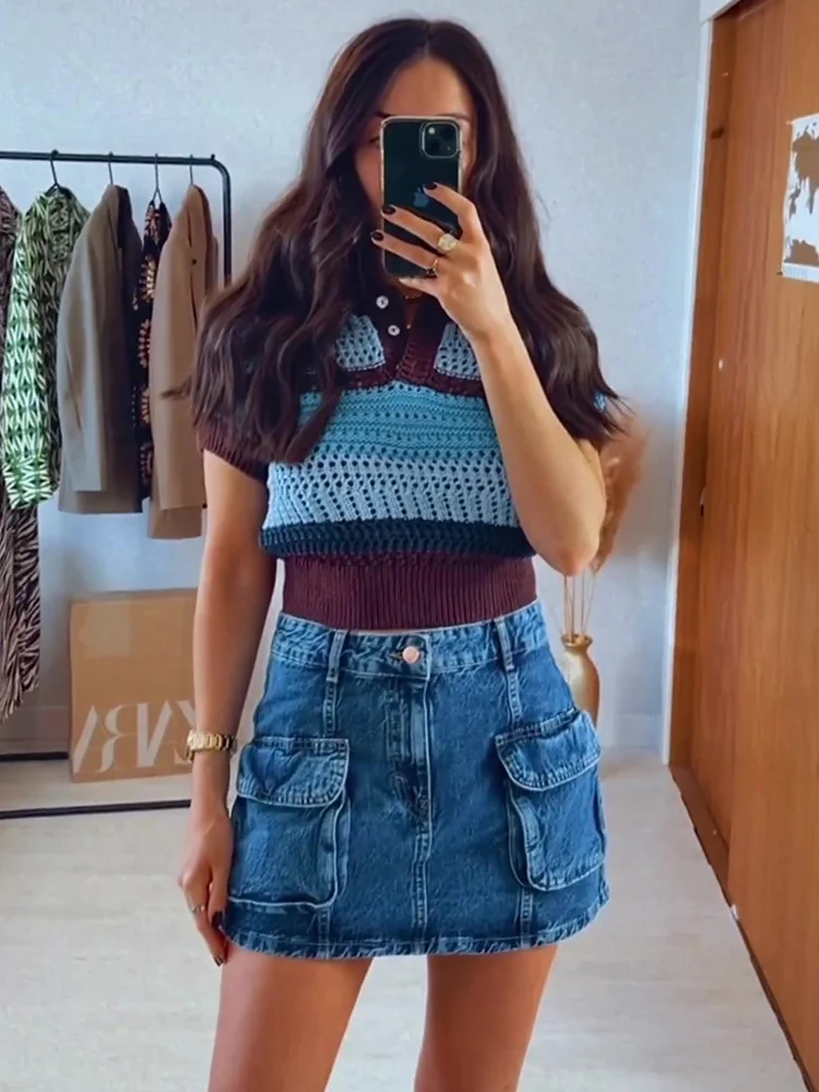 

Sweaters For Women 2023 Contrast Color Polo Collar Knit Crop Top Spring Summer Knitwears Short Sleeve Cropped Sweater Pullover