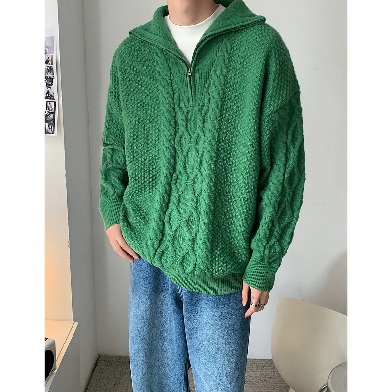 

2023 Men's New Fashion Solid Relaxed Knitwear Solid Half Zipper Retro Lazy Style Reversible Collar Pullover Long Sleeve Sweater