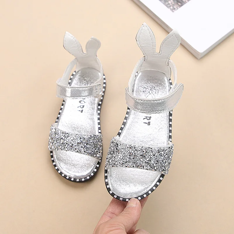 

Summer Girls Sandals Rabbit Ear Girls Sequined Rhinestone Roman Shoes Open Toe Big Kids Children's Shoes