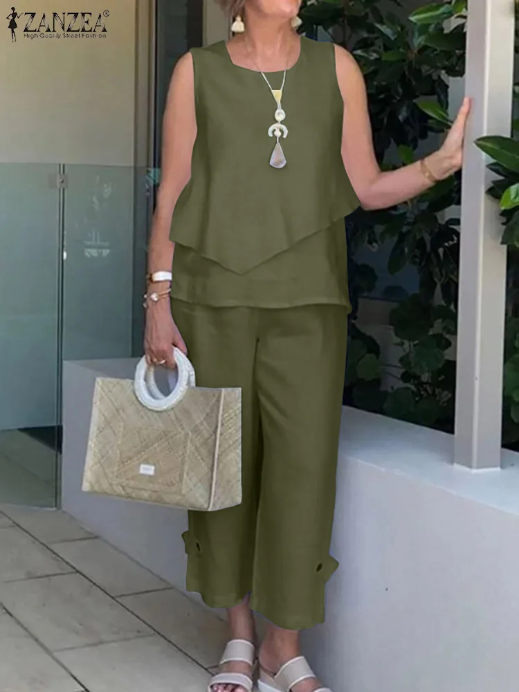 

ZANZEA Femme Summer Elegant Matching Set O-Neck Sleeveless Blouse Suit Tracksuit Stylish Casual Holiday Loose Trouser 2PCS