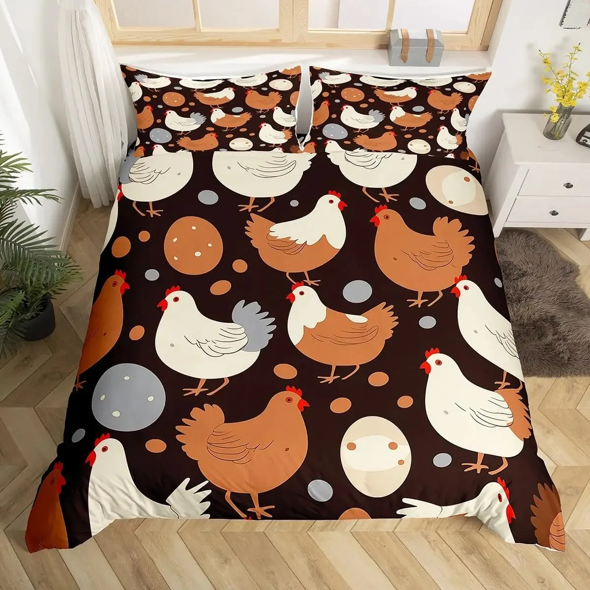 Cute Chicken Duvet Cover King Queen Colorful Rooster Bedding Set Farm Animal Comforter Funny Rustic Farmhouse Quilt