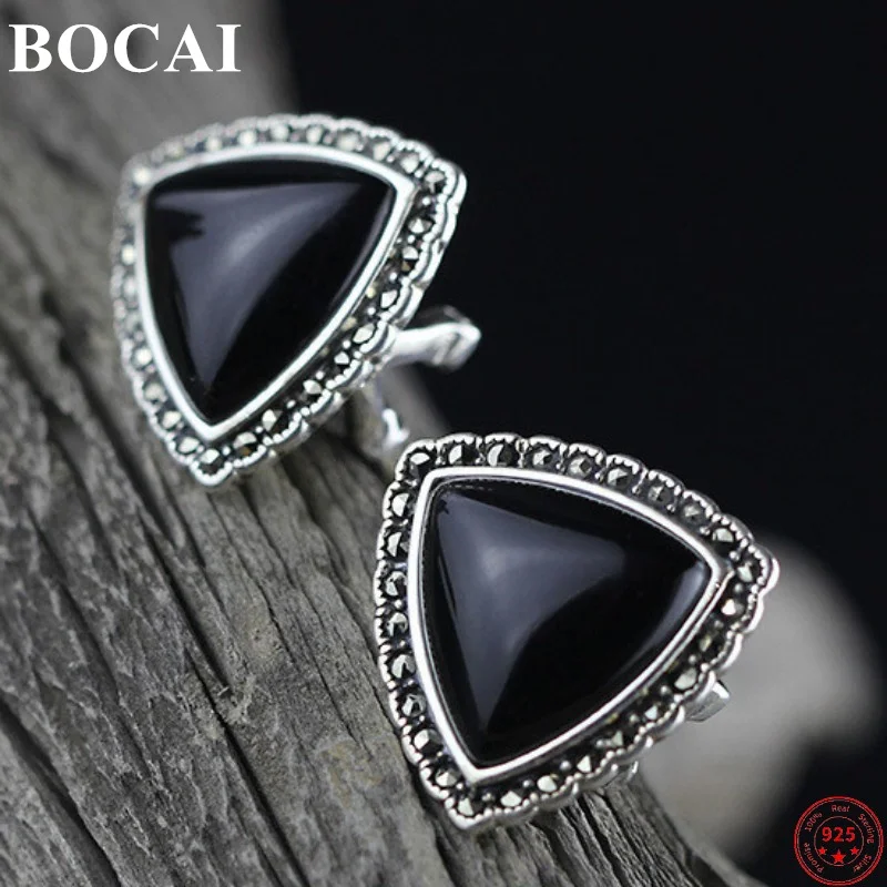 BOCAI S925 Sterling Silver Earrings for Women New Fashion Triangle Garnet Chalcedony Ear Studs Argentum Jewelry Free Shipping