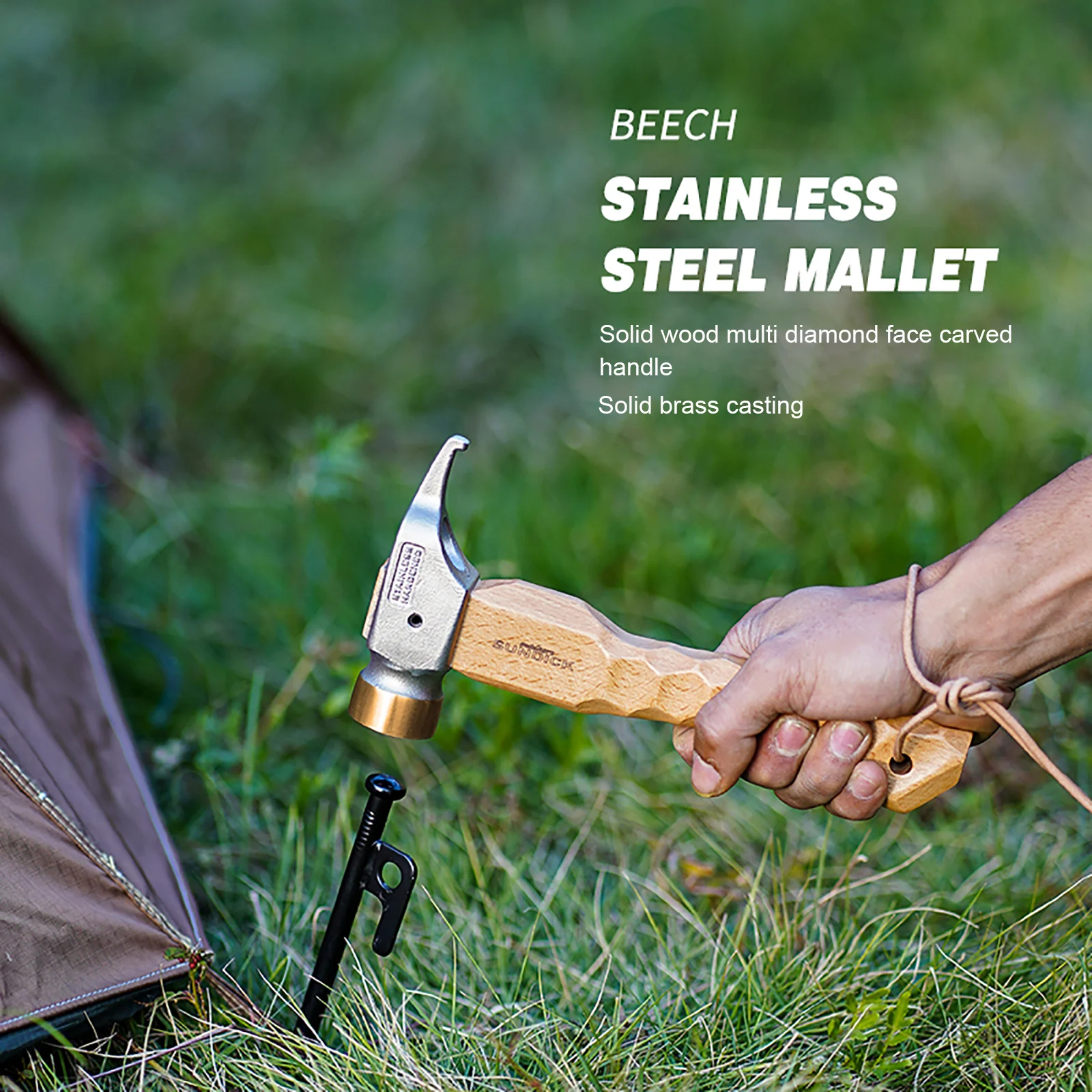 

Camping Hammer Stainless Steel Copper Beech Wood Handle with Cowhide Hanging Rope Outdor Hiking Tent Multifunctional Tool Hammer
