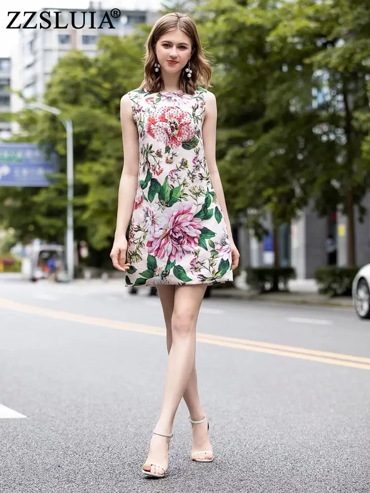 

ZZSLUIA Summer Tank Dresses For Women Flower Printed Beading Designer Slim Elegant Dress Fashion Jacquard One Piece Female Cloth