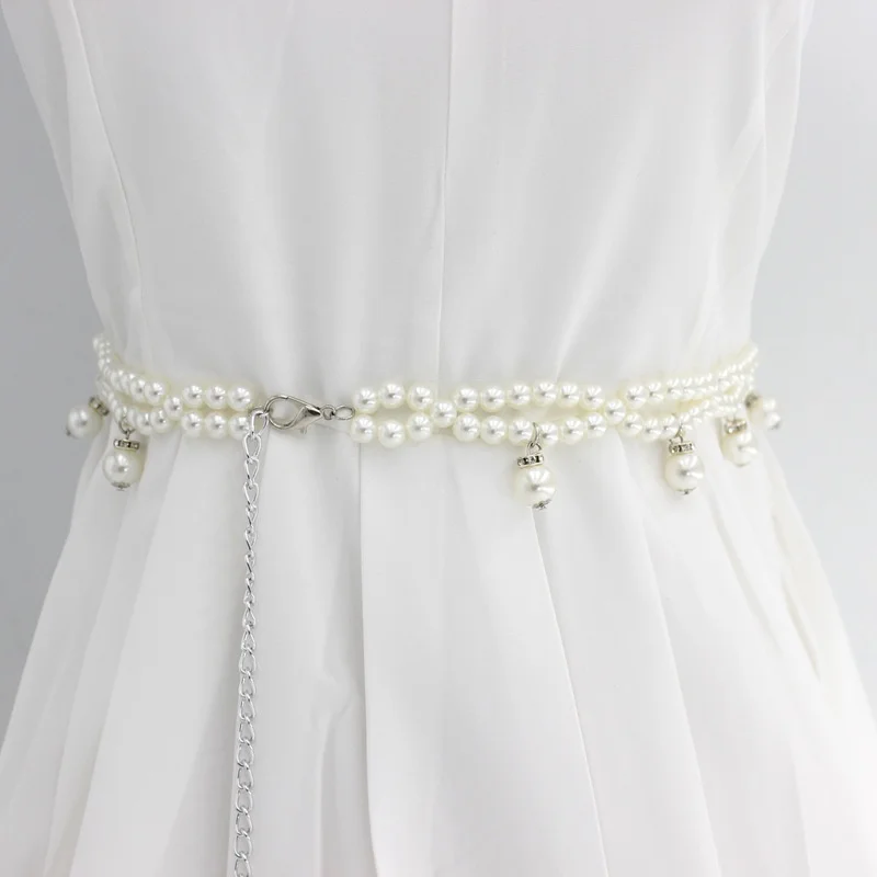 Fashion Dress Beaded Hook Female Waist Chain Korean Version Sweet Pearl Decorative Metal Belt