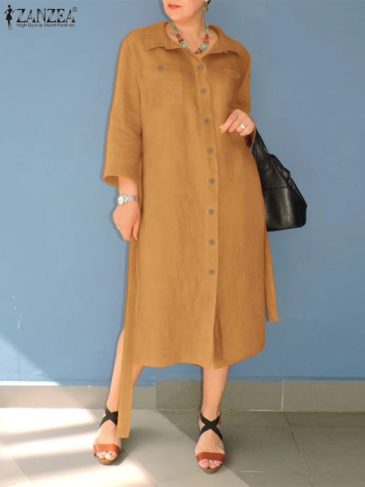 

Summer Lapel Neck Long Sleeve Shirt Dress ZANZEA Fashion Women Solid Mid-calf Sundress Robe Femme Casual Belted Long Vestido