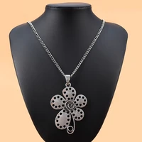 fashion large tibetan silver abstract metal spiral design flower pendant necklace on long curb chain lagenlook 34