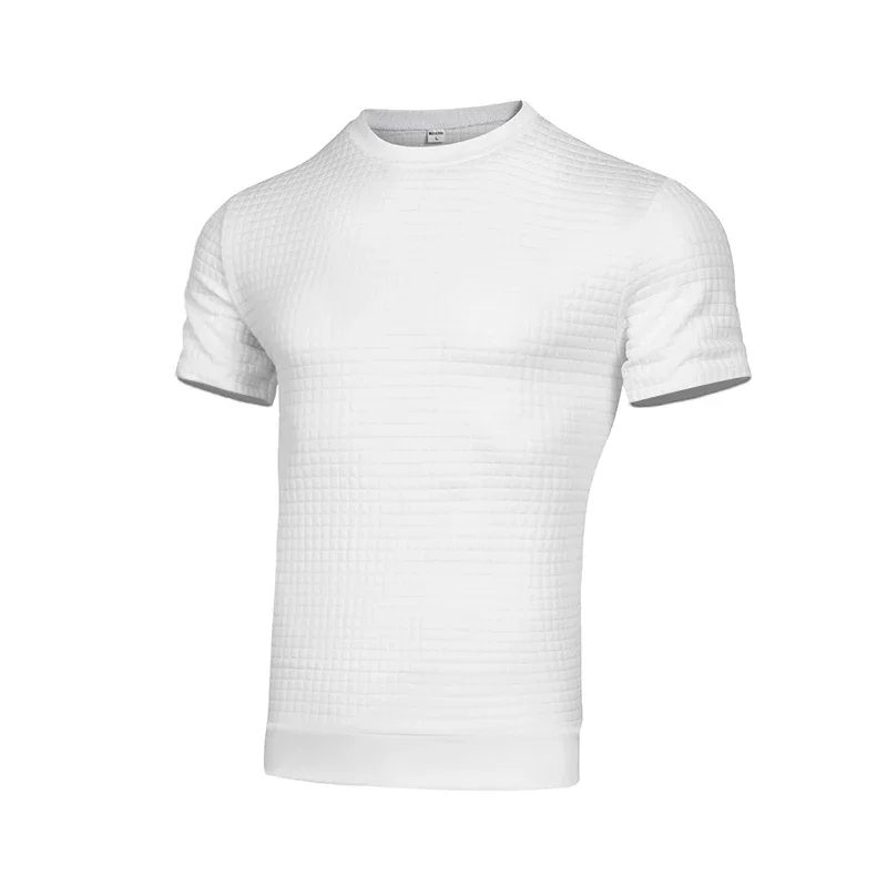 

2023 autumn and winter men's plaid solid color short-sleeved T-shirt. Casual and trendy small plaid men's top.