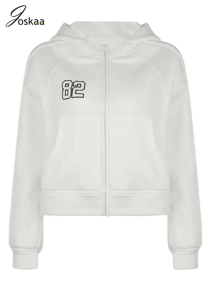 

Joskaa Casual Fleece Digital Print White Hoodie Women Long Sleeve Zip-Up Loose Sport Coat 2023 Winter Fashion Outwear Streetwear