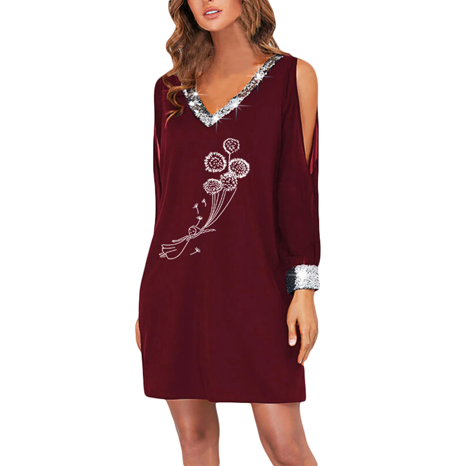 

2022 Women V Neck Dress Paillette Long Sleeve Printed T Shirt Dresses Off Shoulder Elegant Dress Mid-length Dress
