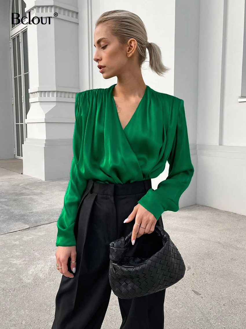 

Bclout Vintage Green Satin Blouses Women 2023 Fashion V-Neck Long Sleeve Office Lady White Shirts Sexy Pleated Satin Party Tops