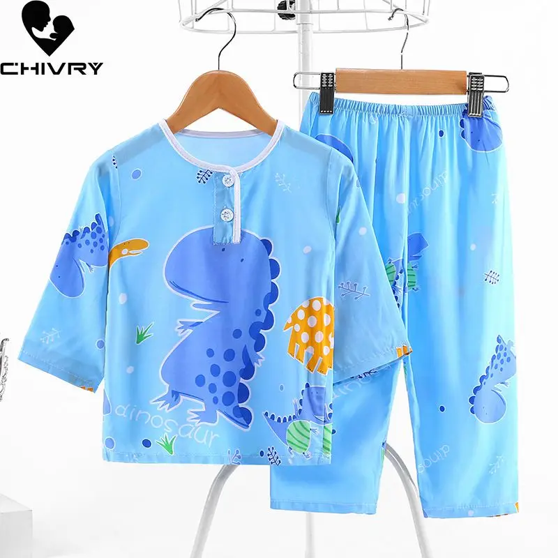 

Новинка 2022, детские летние Пижамные комплекты для мальчиков и девочек, Милая футболка с длинным рукавом и круглым вырезом и Мультяшные штан...