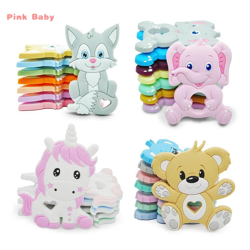 4pcs Baby Silicone Teether Cartoon Animal Rodents Teeth Nursing Chewable Baby Teething Toys For Pacifier Chain Accessories