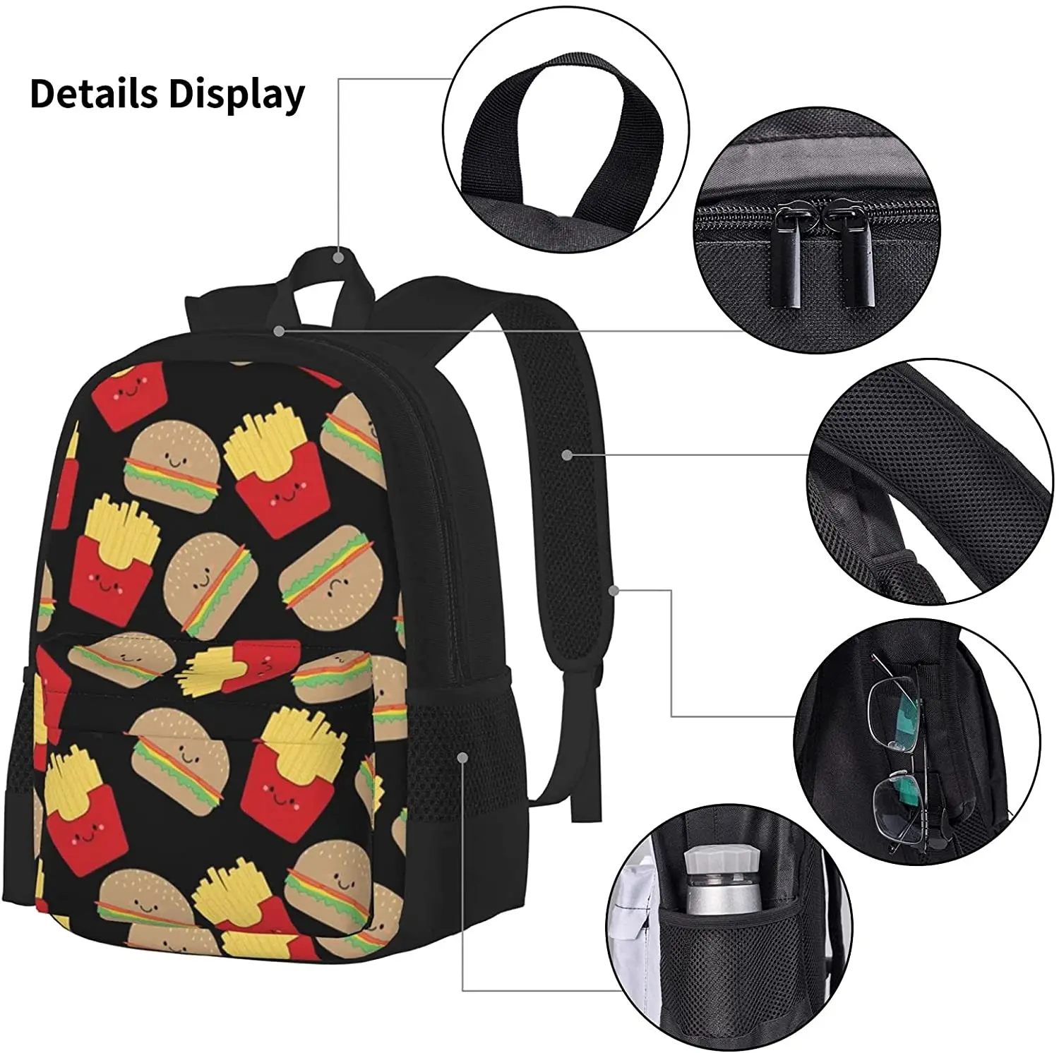 Burger Fries On Black Backpack Set 3-Piece Teen Boys Girls Backpack Messenger Lunch Bag Pencil Case Set