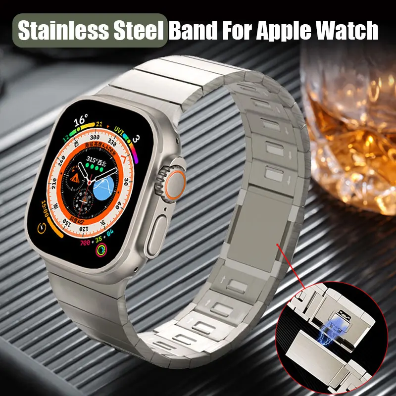 Stainless Steel Magnetic Suction Buckle for Apple Watch Ultra 49mm Strap 45mm 44mm Push-button Remove Correa for iwatch 8 7 6 SE