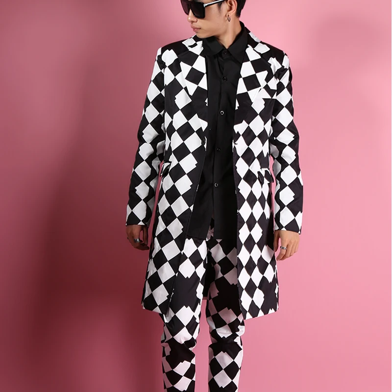 

Big diamond geometric vision in the long suit tide men Korean slim suit long repair suit dress