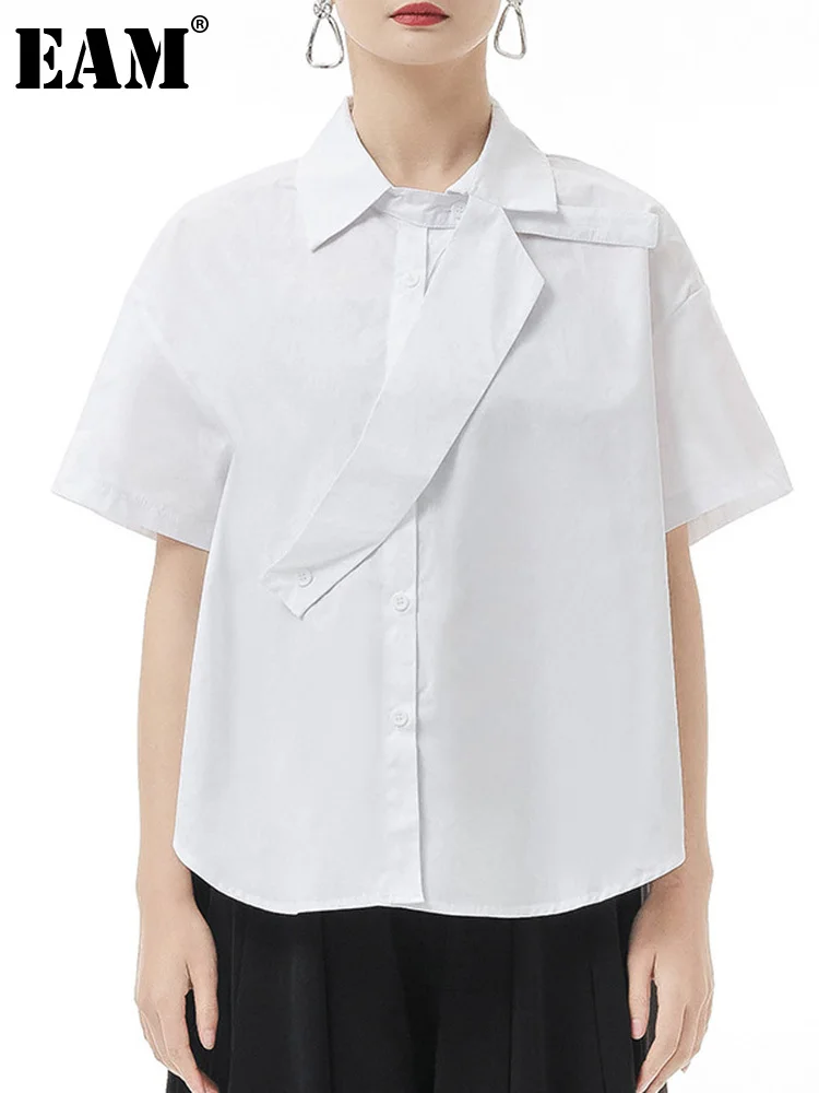 

[EAM] Women White Irregular Big Size Blouse New Lapel Short Sleeve Loose Fit Shirt Fashion Tide Spring Summer 2022 1DE7692