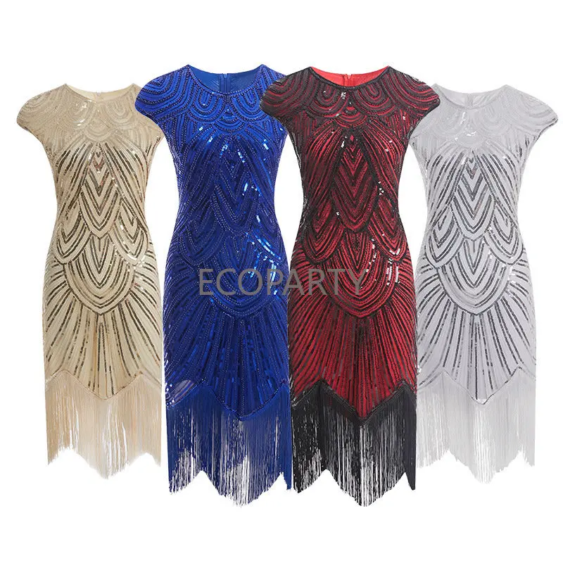 

Womens 1920s Vintage Flapper Great Gatsby Party Dress o-Neck Sleeve Sequin Fringe Midi Dresses Summer Art Deco Embellished