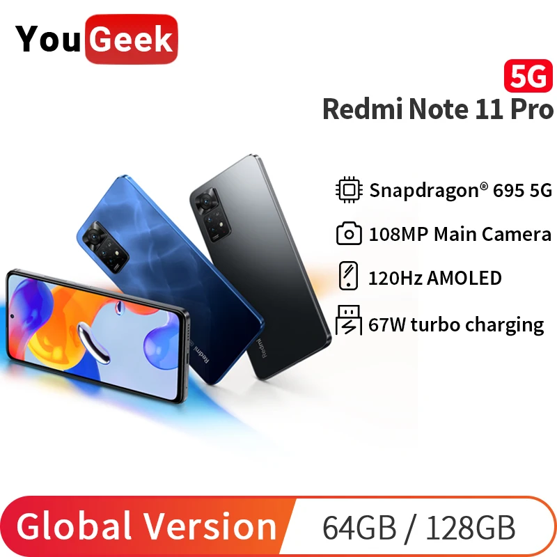 Tanie Xiaomi Redmi Note 11 Pro 5G 64GB/128GB Telefon Komórkowy 108MP Kamera 6.67 ''120Hz DotDisplay 67W Turbo ładowanie Wersja Globalna
