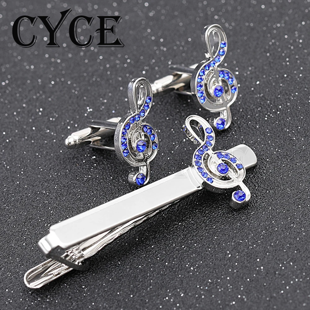 

Luxury Jewelry Women Men's Blue Enamel Crystal Music Notation Shaped Cufflinks Tie Clip Round French Shirt Cuff Buttons Tie Clip
