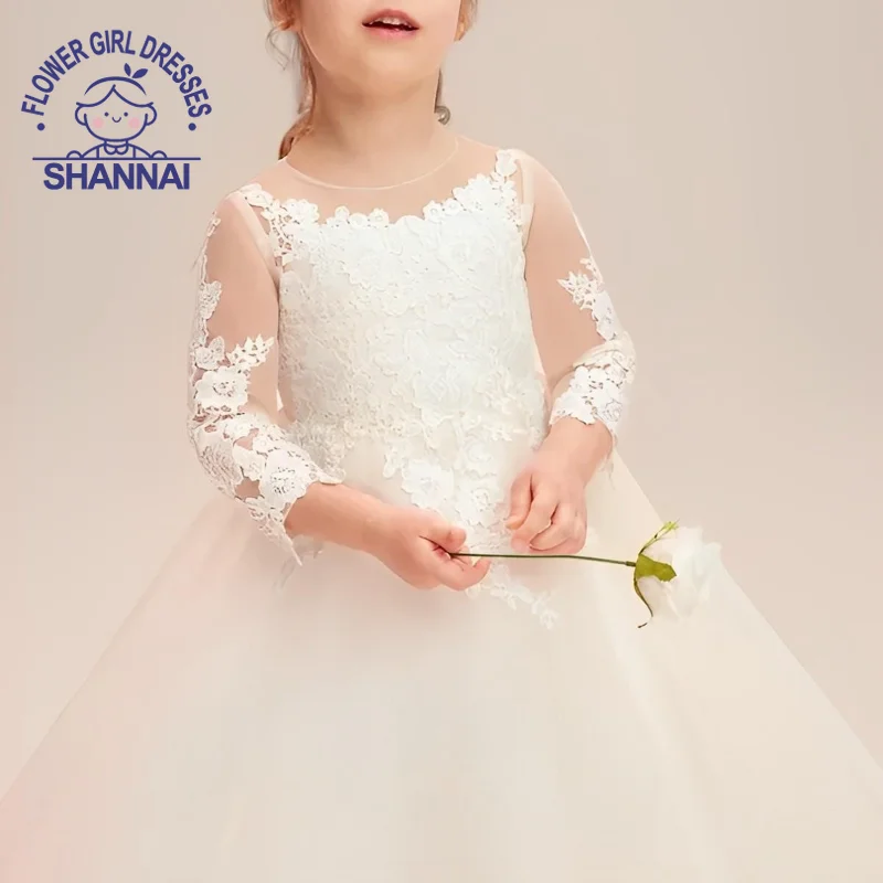 

Champagne Lace Flower Girl Dresses for Weddings Long Sleeve Floor Length Bridesmaids First Communion Pageant Princess Dress