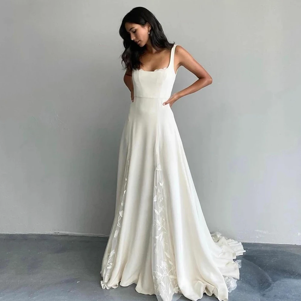 

Square Collar Wedding Dress For Bride 2022 Spaghetti Straps Backless Chiffon Bridal Gowns Lace Appliques Boho Vestido De Noiva