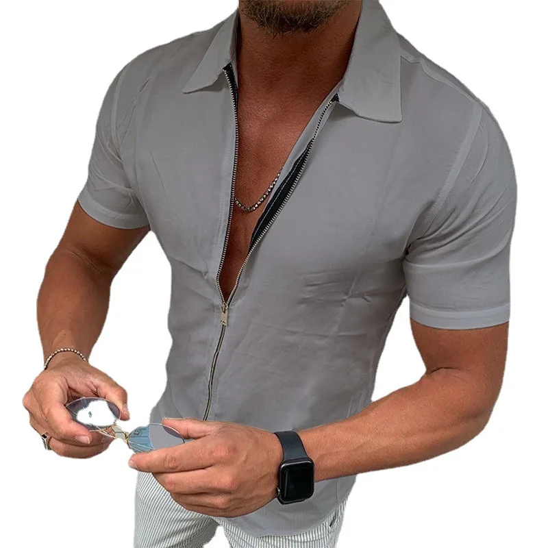 Men's Shirts 2022 Summer Personality Men's Trendy Fashion Simple Shirts Solid Color Casual Short Sleeve Zipper Shirts Cardigan