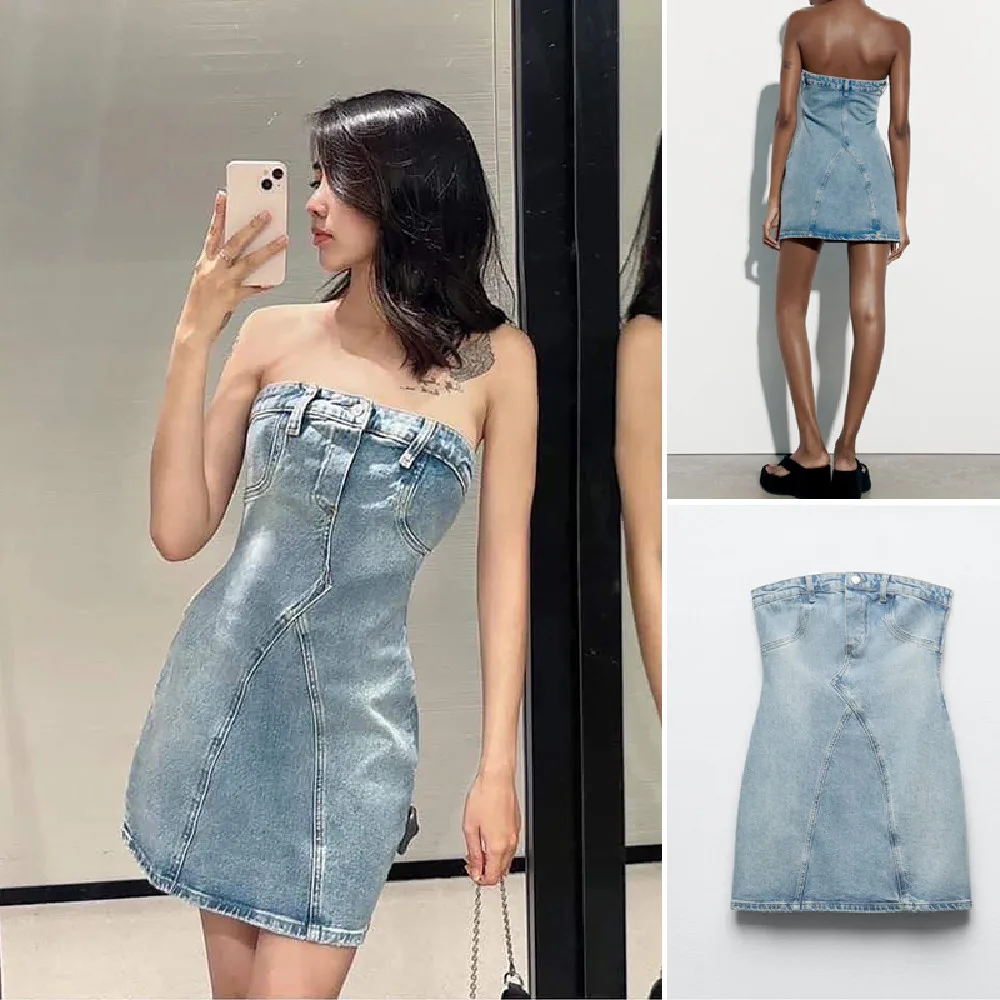 

Женское джинсовое платье без бретелек, с прямым вырезом