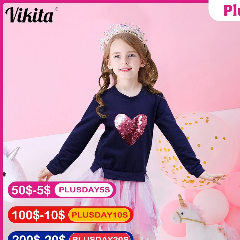 VIKITA Kids Heart Dresses Children Autumn Long Sleeve Vestidos Kids Casual Dress Toddler Mesh Tulle Dresses Children Clothing